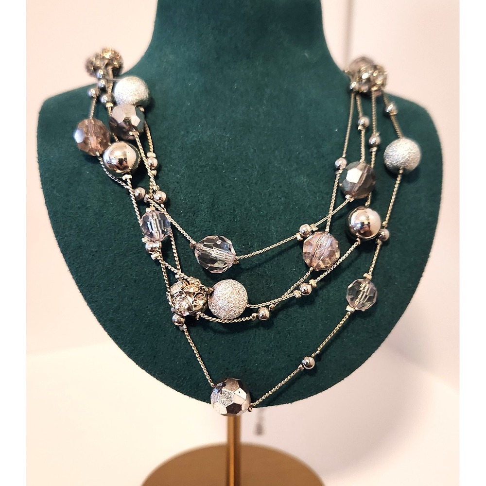 NY New York and Company Silver Multi Strand Layered Beaded Statement Necklace